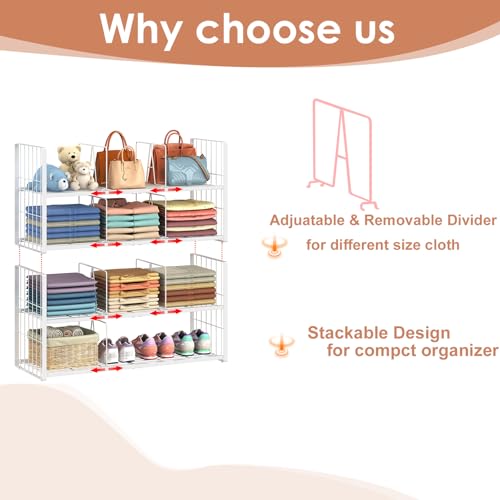 Hongtamoya Stackable Closet Storage Shelf, Adjustable Divider Clothes Shelves Organizer for Jeans Pant Shirt Sweater Bag Purse Shoe, Clothing Shelving Rack for Bedroom RV Wardrobe Closet System-White