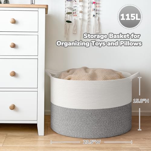 Goodpick Blanket Basket, 23.5'' x 15.8'' Cotton Rope Blanket Basket Living Room, Toy Organizers and Storage with Handles for Kids, 115L Grey - color: Light Grey, size: 23.5x23.5x15.8 Inch (Pack of 1)