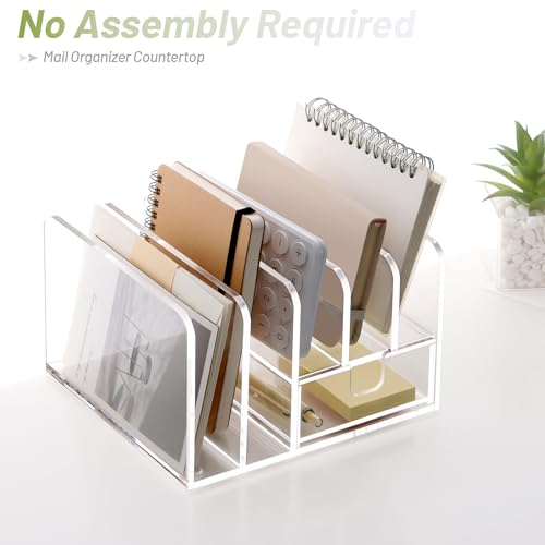 SANRUI Desk Organizers and Accessories, Acrylic Mail Organizer Countertop, 5-Slots File Sorter with Drawer, Desktop Organizer for Office Supplies - style: 5 Sections With Drawer