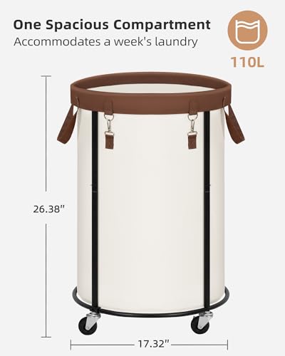 STORAGE MANIAC Rolling Laundry Hamper with Wheels 110L Laundry Basket, Round Laundry Cart with Metal Frame and Removable Bag, Clothes Hamper for Bedroom, Bathroom, Dorm Room, Laundry Room, Beige - color: Beige