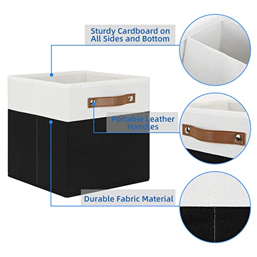Temary 11 inch Cube Storage Bin 4 Pack Fabric Storage Cubes for Home, Fabric Storage Bin Storage Cube Bins with Leather Handles(White&Black) - color: White&Black, size: 11×11×11