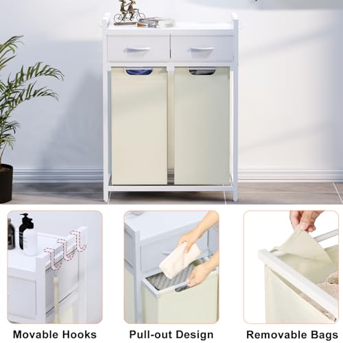 Timberer Laundry Hamper, Laundry Sorter 2 Section, Rolling Laundry Basket with Wheels, 2 Drawers, 2 × 14.5 Gal (55 L), Pull-Out and Removable Oxford Fabric Bags, White and Beige - color: White + Beige, size: 2 Bags (27.6"L x 12.9"W x 39.6"H)