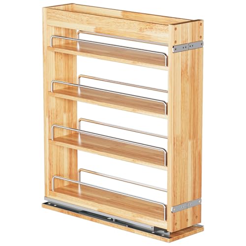 OCG 4-Tier Pull Out Kitchen Cabinet Spice Rack Holder Shelves (5" W x 22" D), spice organization for cabinet Storage Organization, pull out spice racks for inside cabinets - size: 5" W x 22" D Wood (4 tier)