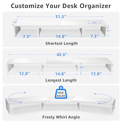 La Jaco Dual Monitor Stand Riser for 2 Monitors, Monitor Stand for Desk, Adjustable Length & Swivel Angle Wooden Desktop Organizer Stand Riser with Smartphone Holder for PC Monitor Laptop, White - color: White