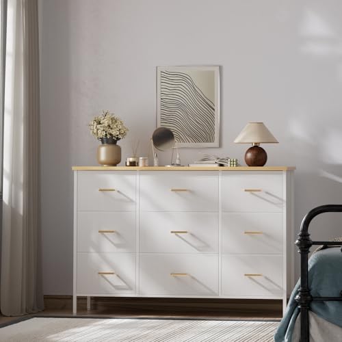 VASICAR Wide TV Stand Modern TV Console, 9 Drawers Dresser for Bedroom, Fabric Storage Cabinet, Chest of Drawers for Closet, Nursery, Living Room（Classic White） - color: White-retro Top