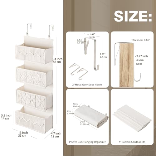 janebeauties Over the Door Organizer Macrame Boho Nursery Storage with 4 Large Woven Pockets, Hanging Basket for Bathroom, Nursery & Closet Doors, Behind the Door Storage Organizer, Cream White