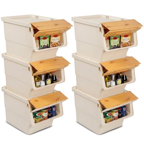 Giantex Plastic Stackable Storage Bins with Lids & Wheels, 6 Pack Open Front Stacking Bins, Organizer Bins for Pantry, Kitchen, Laundry, Closet, Playroom, Bedroom Organization (35 QT) - color: White + Natural, size: 6 Pack, 35 QT
