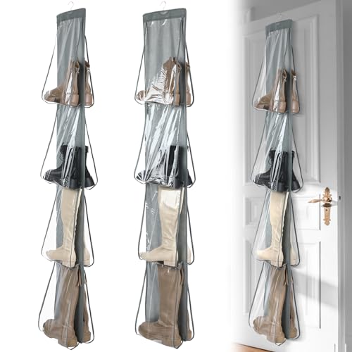 Windyun Sets 16 Large Clear Pockets Fabric Dual Sided Hanging Shoe Rack for Closets Hanging Shoe Organizer with Rotating Hanger Boot Organizer for Storage Men's and Woman's Boots(Gray) - color: Gray