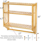 Goaste Bamboo Over The Toilet Storage Shelf, 3-Tier Wall Mounted Bamboo Rack Organizer, Floating Rack with Hanging Rod, Free Standing Shower Shelf with Adjustable Layer for Kitchen, Bathroom, Home