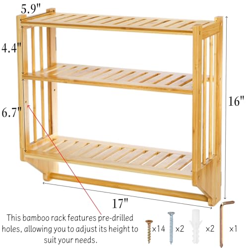 Goaste Bamboo Over The Toilet Storage Shelf, 3-Tier Wall Mounted Bamboo Rack Organizer, Floating Rack with Hanging Rod, Free Standing Shower Shelf with Adjustable Layer for Kitchen, Bathroom, Home