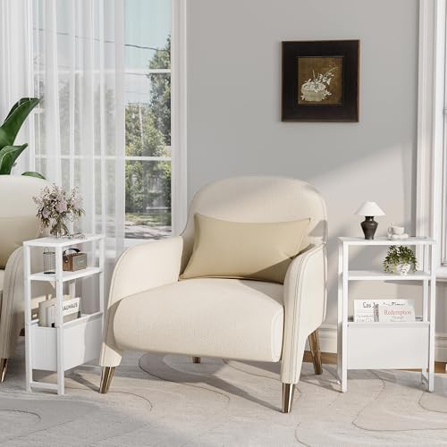 Narrow Side Table, Slim End Table with Magazine Rack, Bedside Table for Small Spaces, 3 Tier Sofa Couch Table Nightstand for Living Room, Bedroom, White LET503W - color: White
