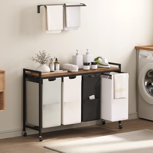 HOOBRO Laundry Sorter 4 Sections, Laundry Hamper with Wheels, 4 × 10.5 Gal (40 L), Rolling Laundry Basket, Pull-Out and Removable Oxford Fabric Bags, Rustic Brown BFE04XY01 - color: Rustic Brown + Black + White + Beige + Gray