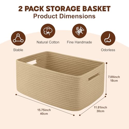 OIAHOMY Storage Basket for Shelves, Closet Cube Storage Bins Baskets for Clothes Blanket Towels, Baby Nursery, Toy Baskets Box, Woven Rope Basket, 15.75 * 11.81 * 7.09 ININ, 2 Packs Jute Yellow - color: Jute Yellow, size: 15.75*11.81*7.09