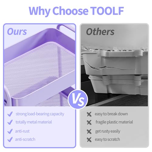TOOLF 3-Tier Rolling Cart - Metal Utility Storage Organizer with Lockable Wheels, 33 lbs Per Shelf, Tool-Free 5-Min Assembly, for Kitchen Bathroom Office Nursery Craft Room, Purple - color: Purple, size: 3-Tier