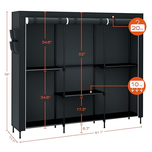 CASAMAYA Portable Closet, 81.5 Inch Extra Large Capacity Wardrobe Closet with Cover, Clothes Storage Organizer with Shelves and 5 Hanging Rods, Easy to Assembly, Black PCT136B01 - color: Black, size: 81.5"L x 17.7"W x 78"H