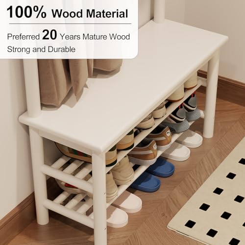 AQIMUELE Coat Rack with Shoe Storage, Wooden Hall Tree with Bench, 11 Hooks and 2-Tier Storage Shelves, 3-in-1, Entryway Bench with Coat Rack (31.5"-White) - color: White, size: 31.5"