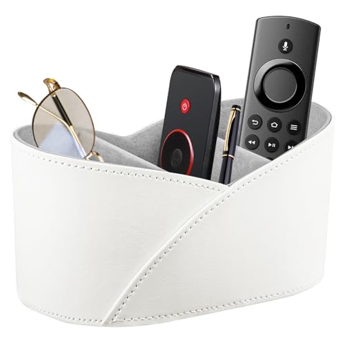 YAPISHI Remote Control Holder with 3 Compartments, Modern Design Desk Accessories Workspace Organizer for Office/School/Home, Modern PU Leather Nightstand Caddy Organizer for Makeup/Vanity/Stationery - color: White