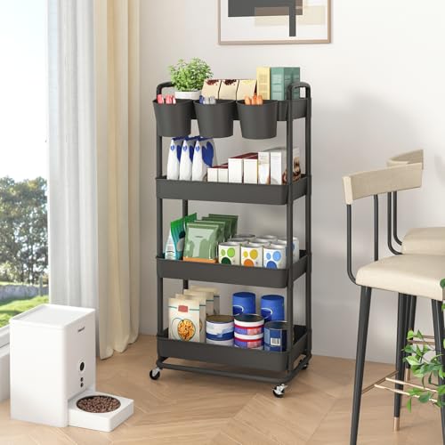 JIUYOTREE 4-Tier Plastic Rolling Storage Cart Utility Cart with Extra Hanging Cups Handles Lockable Wheels for Living Room Bathroom Kitchen Office Black - color: Black, size: 4-Tier