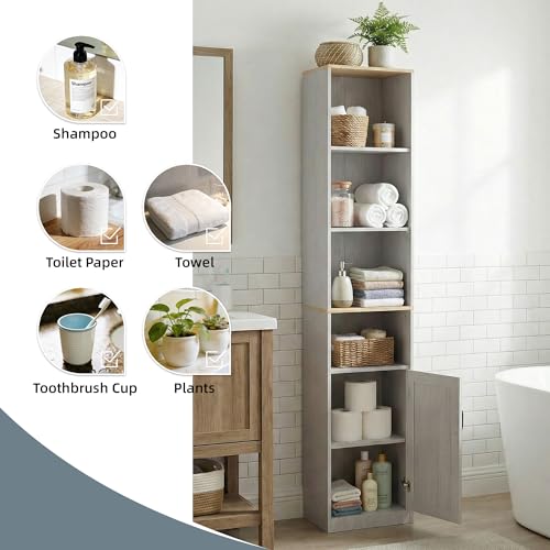 Casaphoria Space-Saving 72" Tall Narrow Bathroom Storage Cabinet, 6-Tier Slim Storage Cabinet with Adjustable Shelves, Anti-Tip Freestanding Display Shelf for Small Spaces, Apartments,White - size: 9.44"L×11.8"W×72.04"H