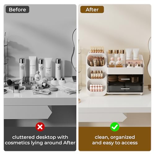 Makeup Organizer for Vanity with Brush Holder, Large Plastic Bathroom Countertop Skincare Organizer with 2 Drawers, Spacious Cosmetic Display Case for Perfumes, Eyeshadow Palettes, Nail Polishes - color: White, size: Large