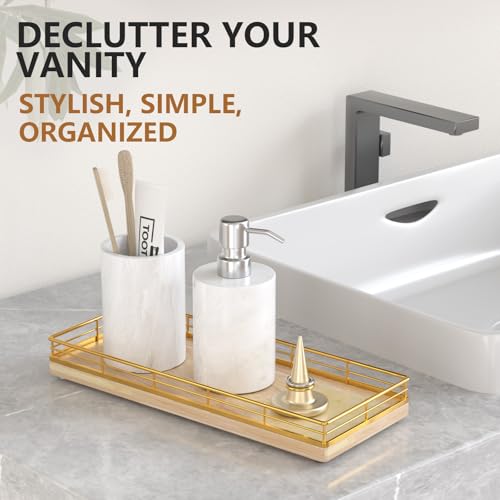 Bathroom Tray for Counter Top Organizer – Oak Wood Vanity Tray with Metal Frame for Dresser, Kitchen, Nightstand – Gold & Oak Decorative Storage - color: Gold & Oak, size: 11" x 4.5" x 1.5"