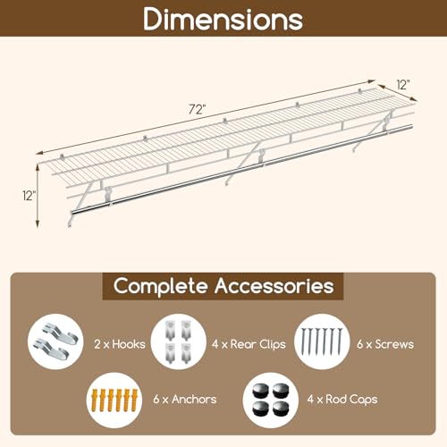 COSTWAY Closet Shelves Wall Mounted, Closet Shelf with Hanging Rod, Ventilated Metal Wire Shelving Kit, Wire Wall Shelf for Laundry Room, Bedroom, Home, Mounting Accessories Included (6 ft x 12 in) - size: 6 ft x 12 in