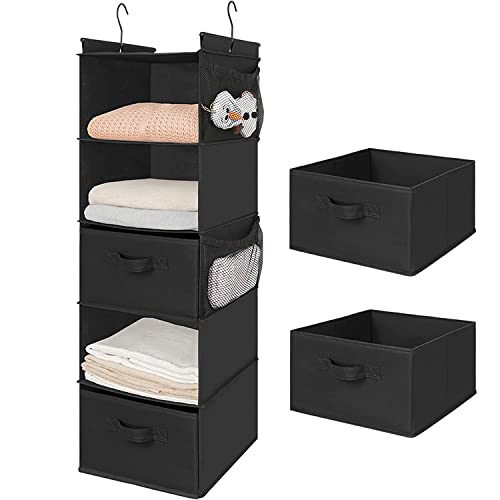 MAX Houser 5 Tier Shelf Hanging Closet Organizer, Cloth Hanging Shelf with 2 Sturdy Hooks for Storage, Foldable (Black-D2) - color: Black-d2