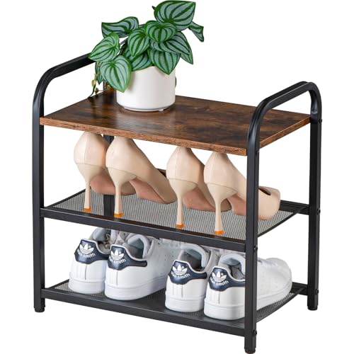 3-Tier Shoe Rack, Heavy-Duty Metal Grid, Rustic Wooden Top & Guardrails - for Entryway, Closet, Bathroom (Holds 6 Pairs, Space-Saving) - size: 17.32" X 10.24" X 16.93"