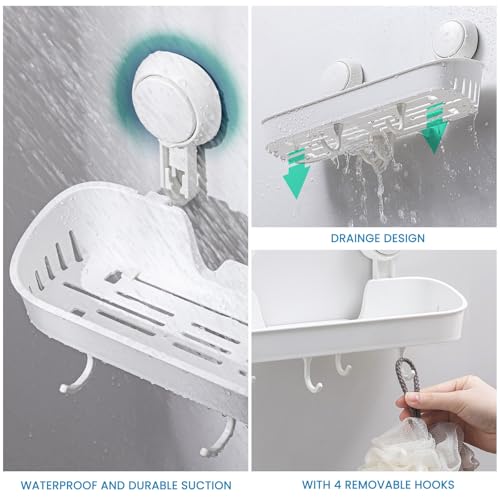 TAILI Shower Caddy with 4 Hooks Suction Cup Shower Shelf Hanging Bathroom Rack Removable & Reusable No Drilling Plastic Wall Mounted Bath Shelves Storage White - style: Modern