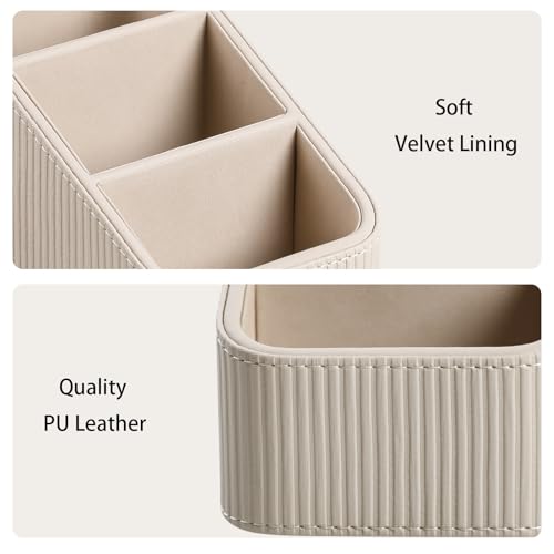 Remote Control Holder, PU Leather Nightstand Organizer Bedside Caddy with 3 Compartments, Small Desk Organizer for Remote/Pen/Glasses/Phone (Beige) - color: Beige
