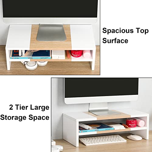 TEAMIX 2 Tiers Desktop Monitor Stand Riser 20 Inch Printer Stand with Storage Small TV Riser Laptop Wooden Desk Organizer Shelf Bookshelf Maple (White+Maple, 2 Tiers) - color: White+maple