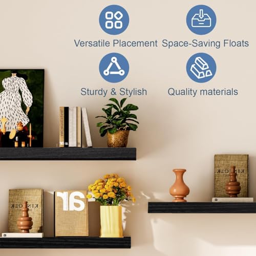 Floating Shelves for Wall, Bathroom Shelves Over Toilet, Wall Shelves & Book Shelf for Room, Hanging Shelf, Modern Wooden Wall-Mounted Small Floating Shelves, 12x7x1.5 in (Black, Set of 3) - color: Black, size: 12"(set of 3)