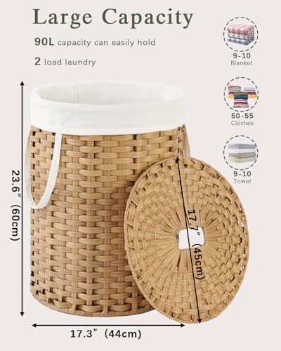 SETVSON Laundry Hamper with Lid 23.8 Gal (90 L) Round Laundry Basket with Lid Handwoven Clothes Hamper Removable Bag 2 Mesh Bags Rattan Woven Basket Handles for Bathroom Living Room Natural - color: Natural, size: 23.8 Gal - 90L