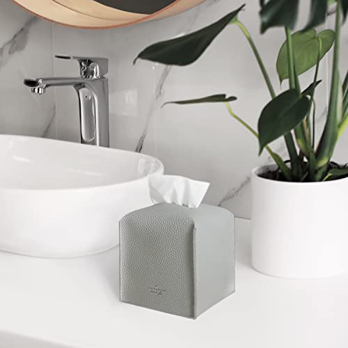 Carrotez Tissue Box Cover, [Refined] Modern PU Leather Square Tissue Box Holder - Decorative Organizer for Bathroom Vanity Countertop, Night Stands, Office Desk & Car 5"X5"X5" - Pastel Grey - color: Pastel Grey, size: [Square]