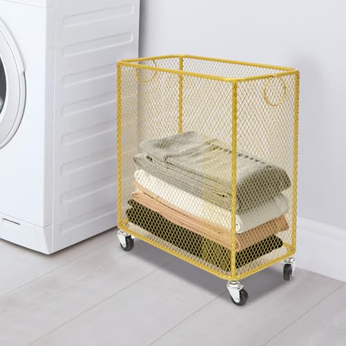 Gold Metal Laundry Basket with Wheels, Rolling Laundry Hamper Cart Gold Mesh Laundry Clothes Sorter Storage Cart Organizer Shelf Basket Durable for Laundry Room - color: Gold