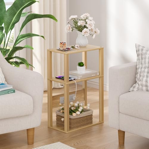 YUFAM Small Narrow Wood Side Table with Charging Station, 3-Tier Slim End Table for Small Space, Skinny Nightstand with Storage for Couch, Thin Bedside Table with USB Ports and Outlets, Natural - color: Natural, size: 1 Pack