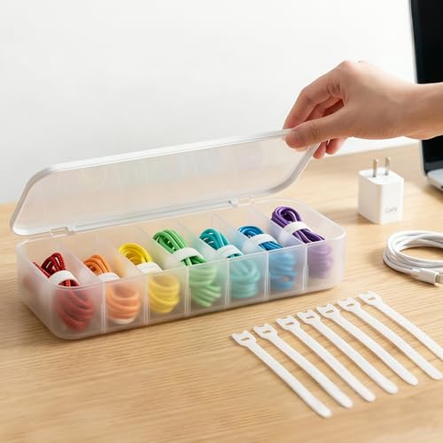 Cord Organizer Box with 7 Wire Ties – Desktop Cable Management Storage Case with Lid, Charger Cord Organizer for Drawer, Multi-Compartment Power Cord Holder for Office Home – White - size: 1pack