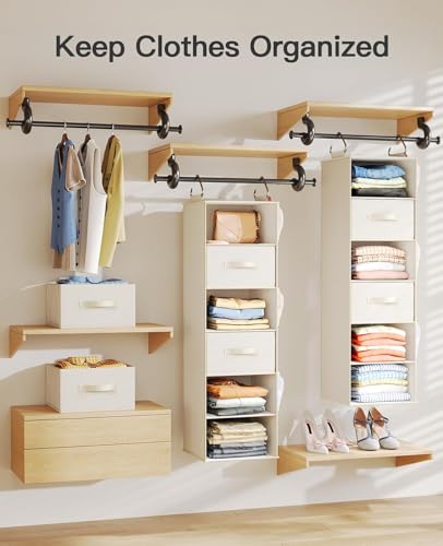 Pipishell Hanging Closet Organizer 6-Shelf, Hanging Shelves for Closet with 3 Removable Drawers & Side Pockets for Bedroom, Garment Rack and Wardrobe Organization, 12' x 12' x 43.3', White - color: White