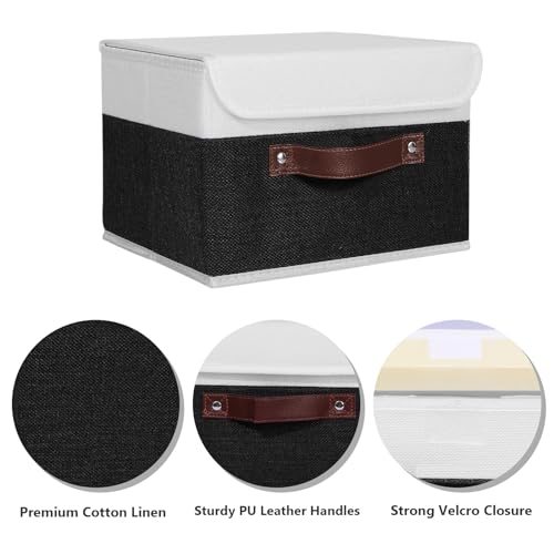 ANMINY Storage Boxes with Lids Washable Decorative Storage Bins Basket with PU Leather Handle Foldable Linen Fabric Storage Cubes Containers for Home Closet Organizer - Black White, Small Size - color: Black White, size: Small (Pack of 1)