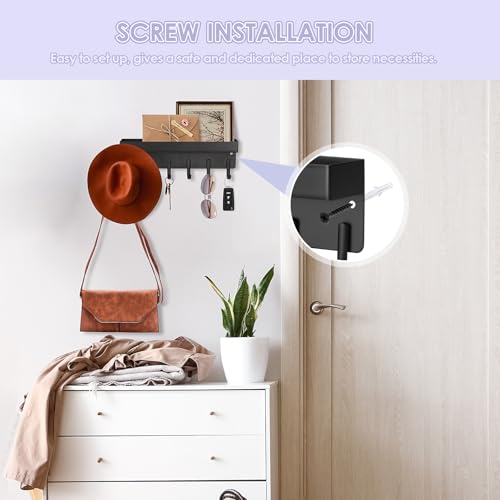 VIS'V Key Holder Wall Mount, Compact Adhesive Key Rack with Tray, 6 Hooks, 2 Mount Options, Black - color: Black
