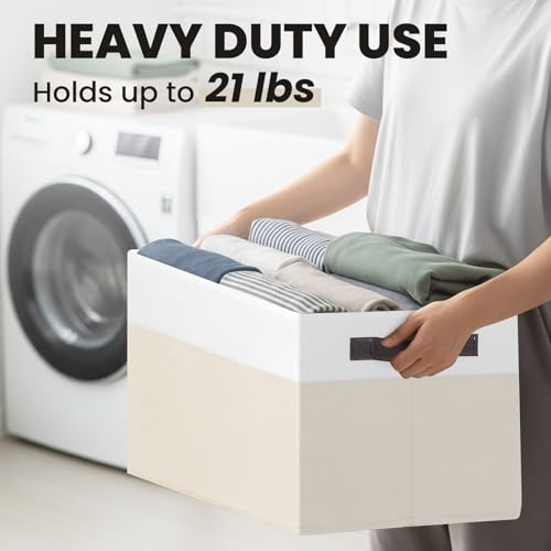 Large Closet Organizer Bins with Lids 8 Pack - Nursery Storage Baskets for Shelves Bedroom Dorm - Stackable RV Closet Organization Cubes Box with Handles for Clothes Purse Blanket Towel Magazine - color: White with Beige, size: 8pcs-Large