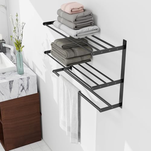 Towel Racks for Bathroom Wall Mounted 24", 3 Tier Bathroom Towel Shelf with Double Towel Bar, Stainless Steel Towel Rack with Towel Shelf, Towel Hanger Holder for Bathroom Towel Storage, Black - color: Matte Black, size: 24IN (2 Bar)