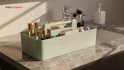 New Plastic Portable Makeup Organizer Caddy Tote Divided Basket Bin with Handle, for Bathroom Storage - Holds Blush Makeup Brushes, Eyeshadow Palette, Lipstick - Extra Large Made In USA (Mint) - color: Mint