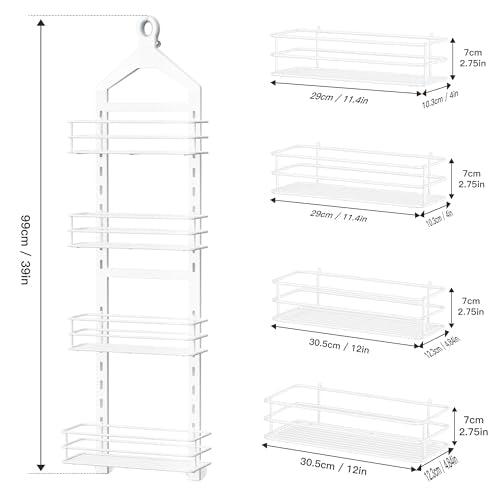 Orimade 4 Tier Adjustable Anti-slip Shower Caddy Over Shower Head, Rustproof Bathroom Hanging Organizer With 4 Hooks for Razor, No Drilling Shower Shelves Storage Rack, White - color: White - 4 Tier