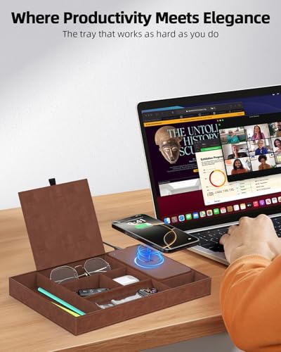 Leather Valet Tray with Wireless Charging Pad - Luxury EDC Nightstand Organizer for Men - Premium Desk Tray for Phone, Watch, Glasses & Keys - Sleek Office Desk Accessories & Gift for Him, Brown - color: Brown with Lid