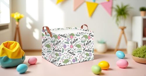 CLOCOR Rectangular Green Easter Gift Basket Empty,Waterproof Storage Basket with Handles,Room Decor(Rabbit Egg) - color: Rabbit Egg
