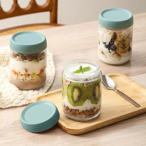 NETANY 6-pack 16oz Glass jars with Airtight Lids, Overnight Oats Containers with Lids, Wide mouth Mason Salad jars, Glass Food Storage Containers for Snacks Yogurt Spice Sugar - Green - color: Green-6pack-16oz