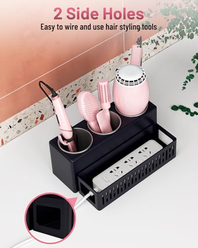 Hair Tool Organizer, Detachable Hair Dryer Holder with 3 Stainless Steel Cups, Wall Mounted Bathroom Organizers and Storage for Accessories, Curling Irons, Straighteners, Toiletries, Makeup - color: Black