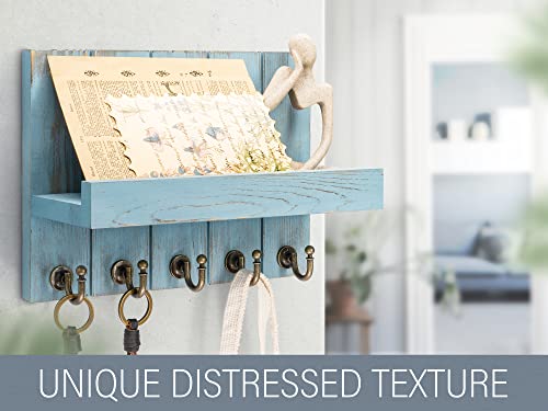 Rebee Vision Decorative Key Holder for Wall - Farmhouse Mail Organizer and Key Hanger Wall Mount for Floating Shelf with Hooks - Mid Century Home Decor Aesthetic (Distressed Blue,10-inch) - color: Distressed Blue, size: 10 Inch