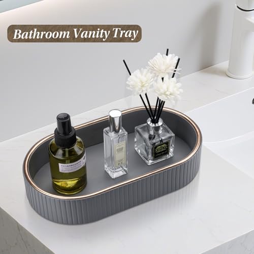 GORESE PU Leather Valet Tray Perfume Organizer, Oval Jewelry Trays Nightstand Organizer Key Bowl Trinket Dish for Dresser Bedside, Vanity Tray for Bathroom, EDC Trays for Men Women, 11×5.9 in, Gray - color: Light Gray